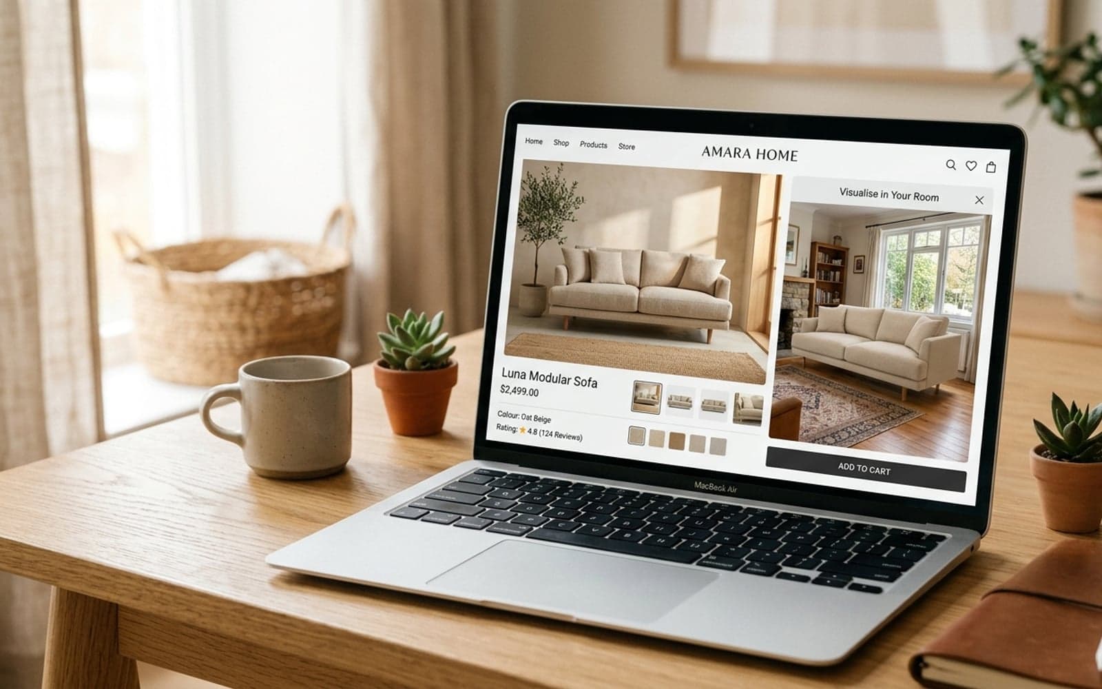 The Visualize widget embedded in a furniture webshop; customer sees the sofa in their own living room